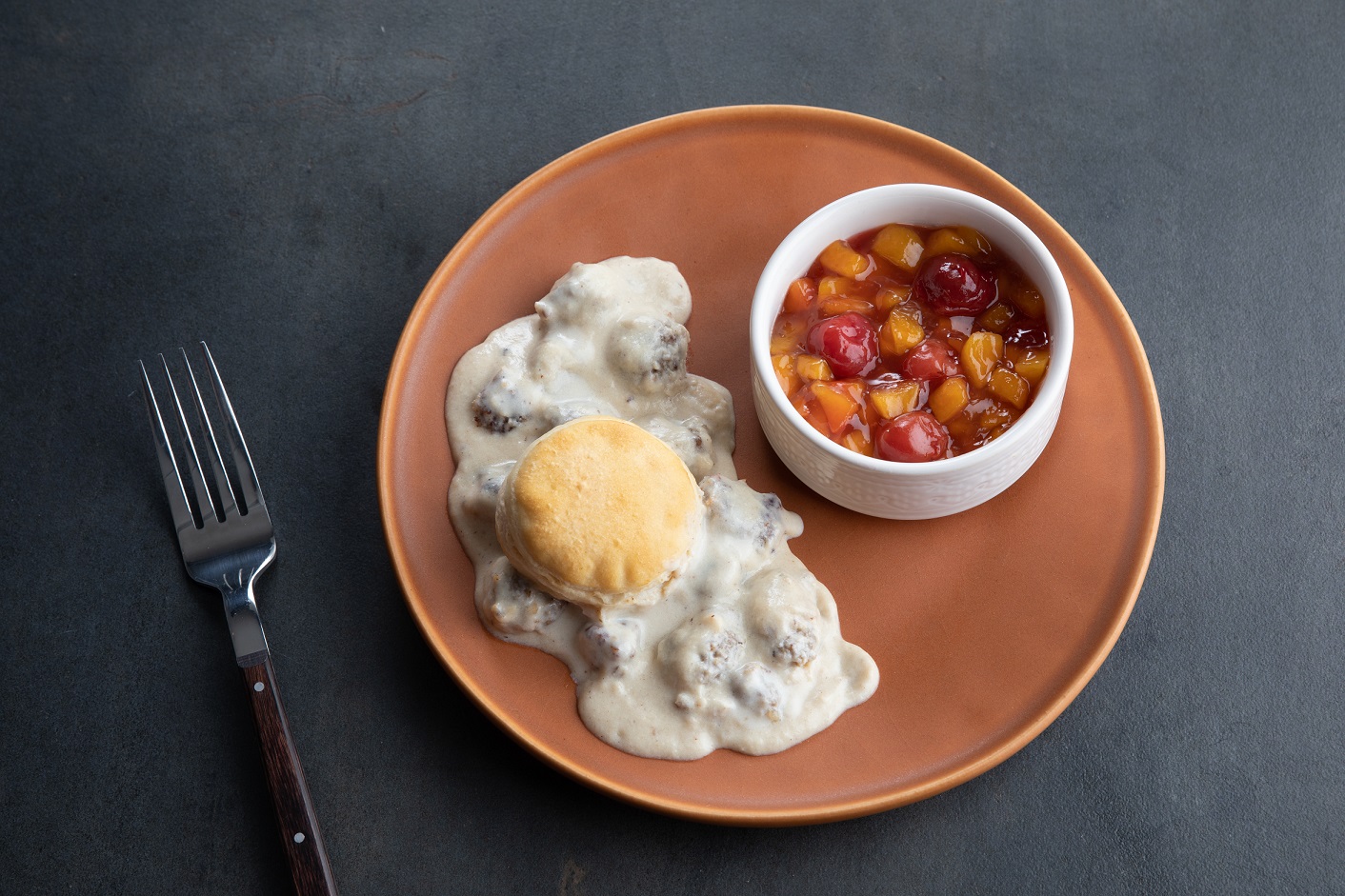 Biscuit & Pork Sausage Gravy, Peaches & Cherries